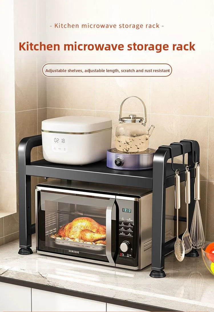 Kitchen Microwave Oven Rack Double Layer Expandable Multi Functional Home Appliance Storage Shelf Carbon Steel No Installatio...