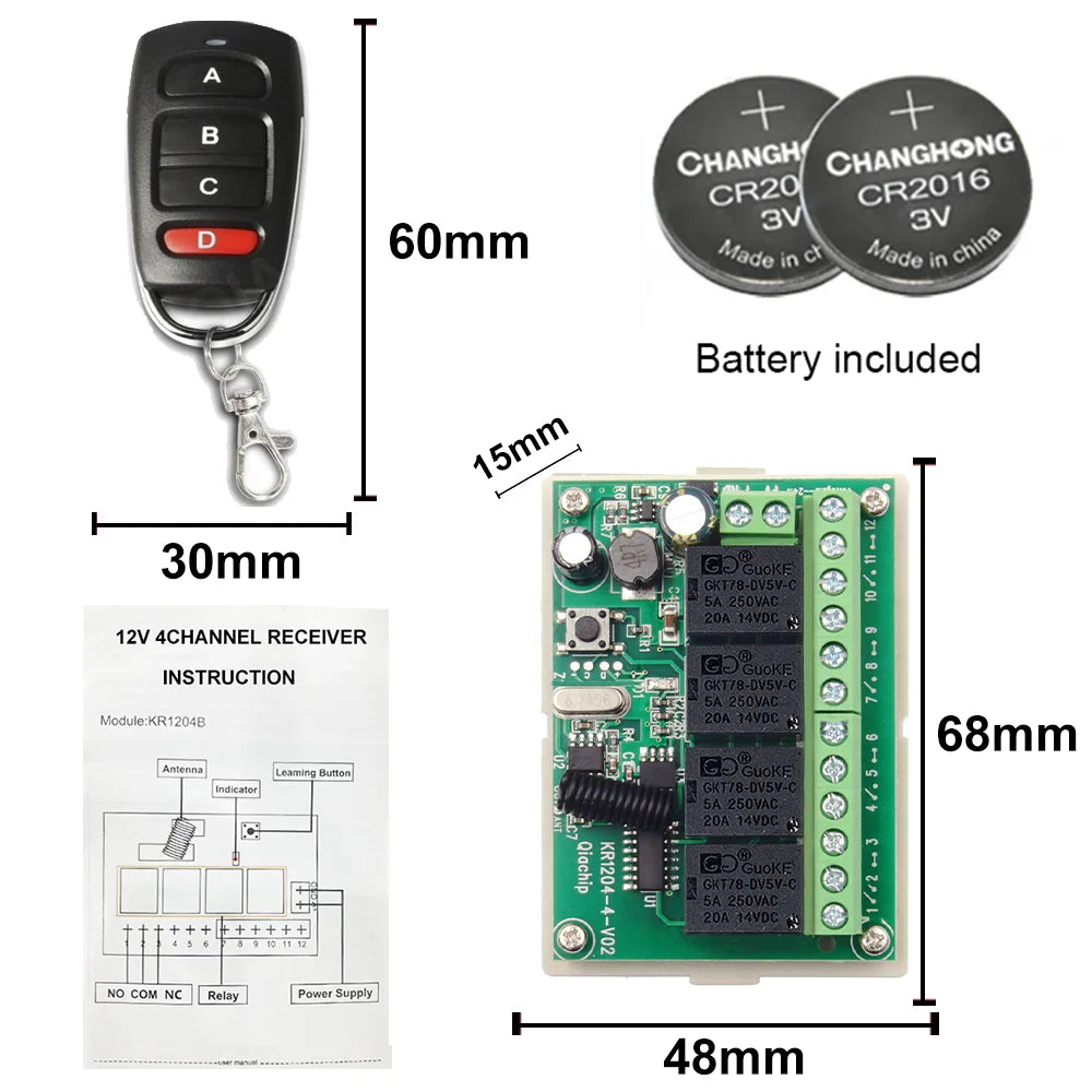 QIACHIP 4CH 433.92MHz Relay Module – DC 5V/12V/24V/48V 10A Wireless Remote Control Switch for EV1527, DC Motor DIY