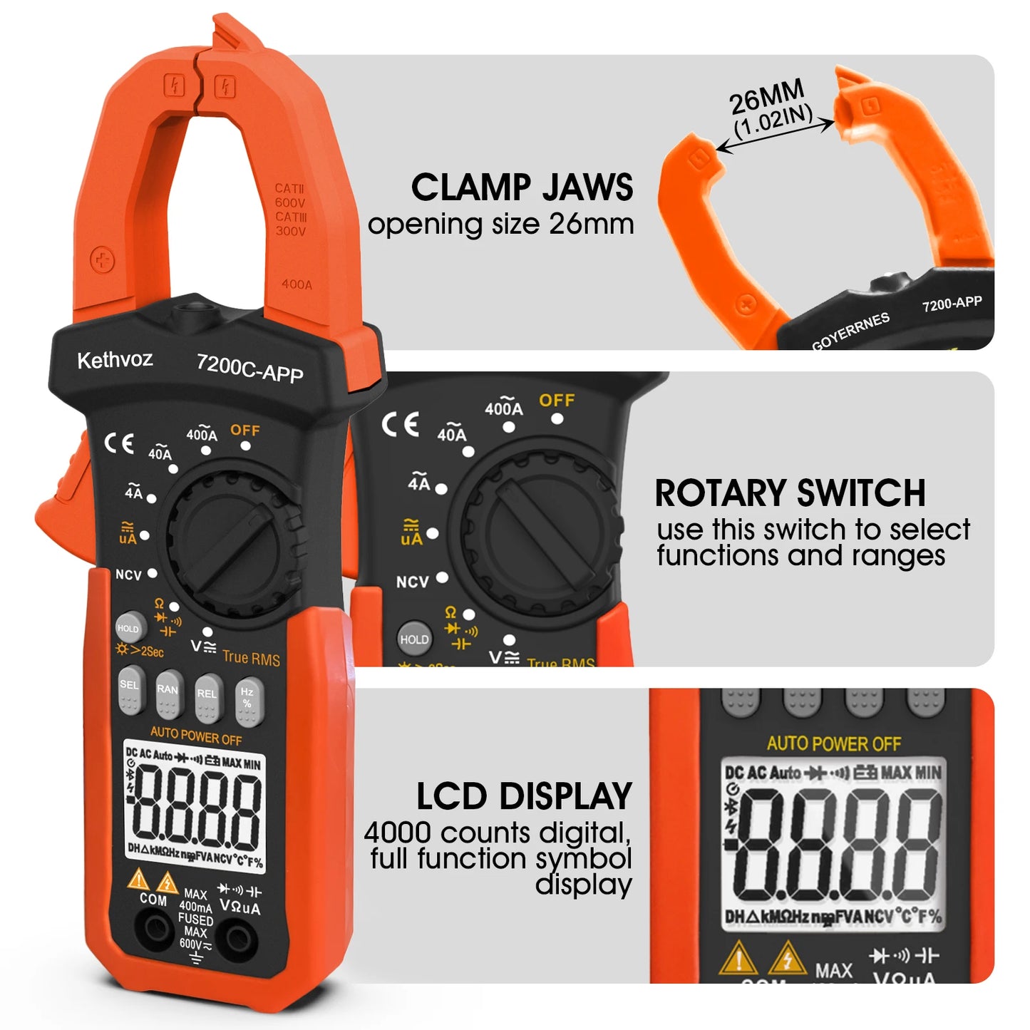 Kethvoz Clamp Meter NCV Multimeter 4000 counts with Smart APP,AC/DC TRUE-RMS LCD Display  Lamp Light Data Hold. KE-7200C-APP
