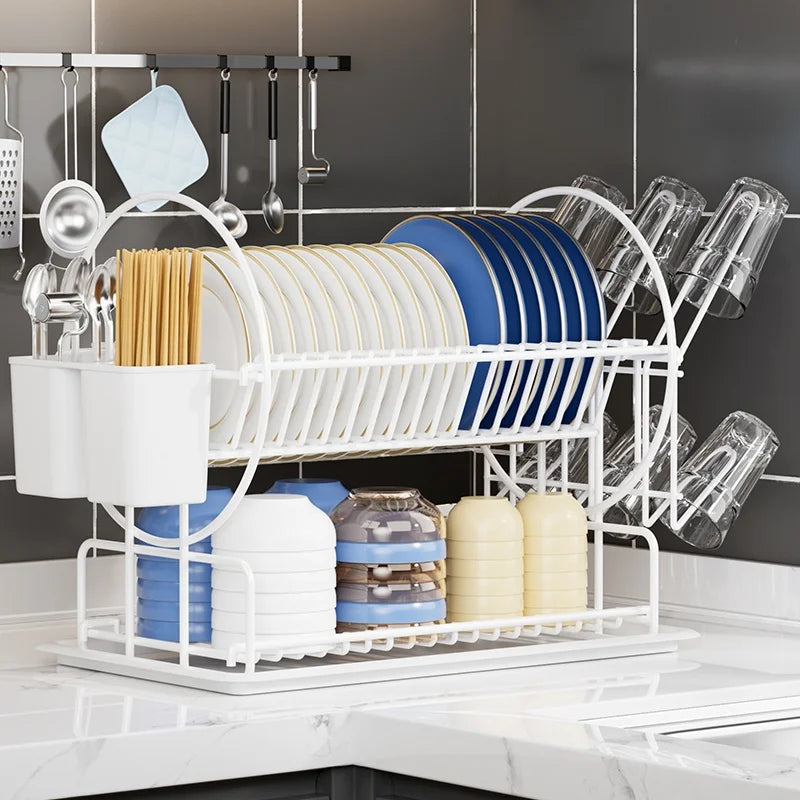 Kitchen 2-Tier Dish Drying Rack with Utensil Holder and Cup Hanger Black Thickened Bowl Plate Drain Rack Storage Organiser