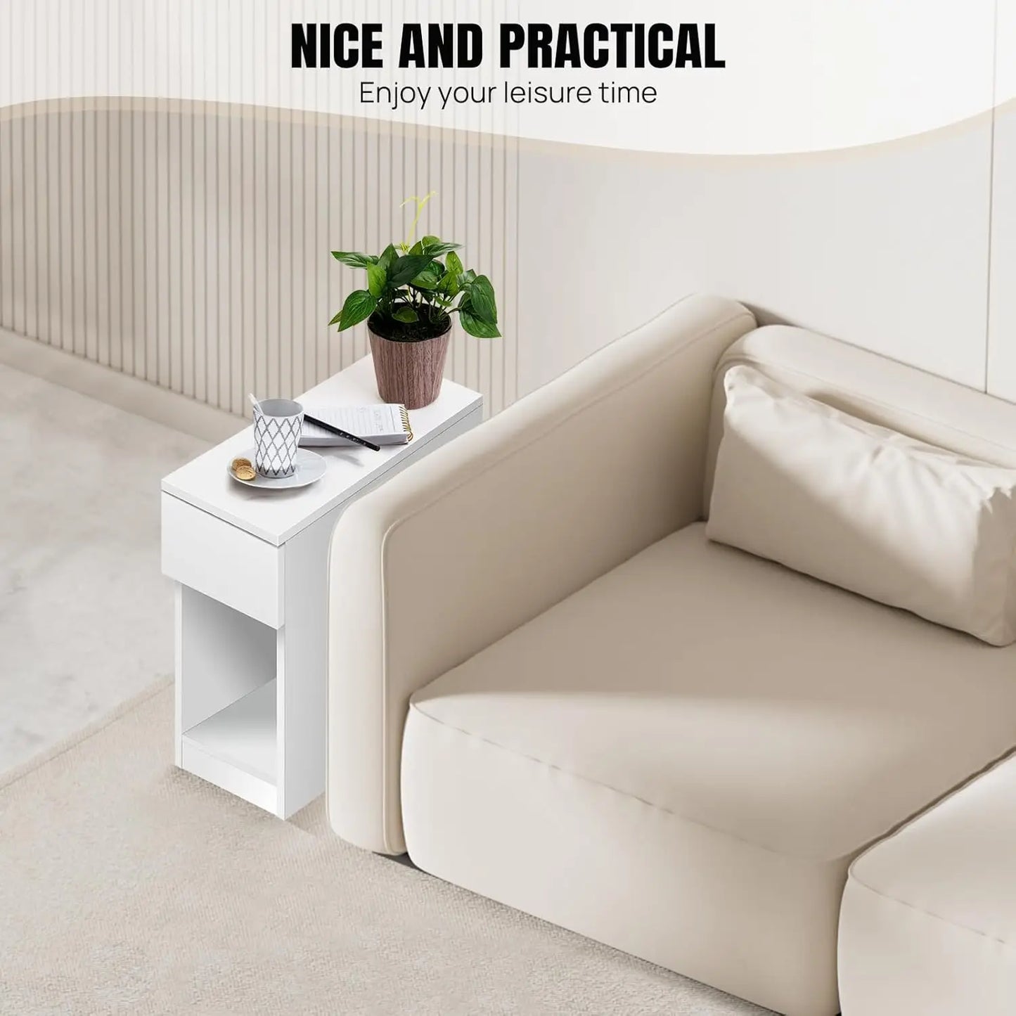 EFAN Narrow Side Table Slim End Table with Open Shelf & Drawer, Sofa Bedside Thin Table for Small Spaces Nightstand, 34x20x60cm