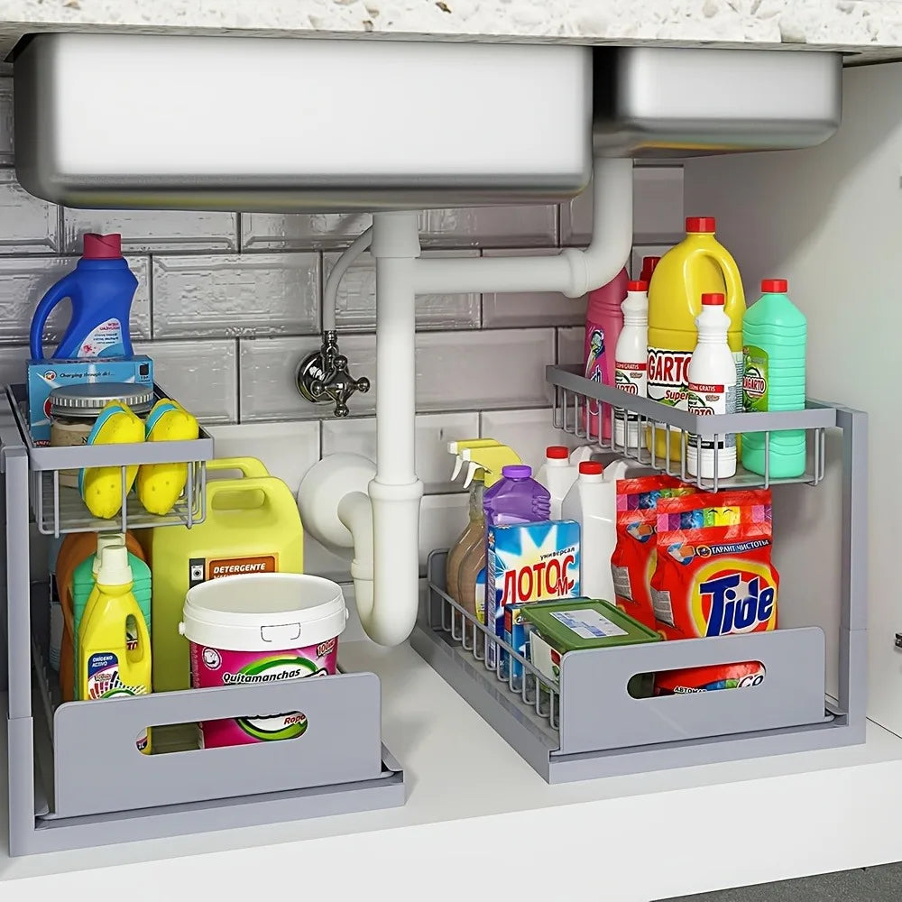 Under Sink Organisers, Metal Pull Out Under Sink Organisers,Storage Shelves with Sliding Drawer,Under Sink Storage for Kitchen