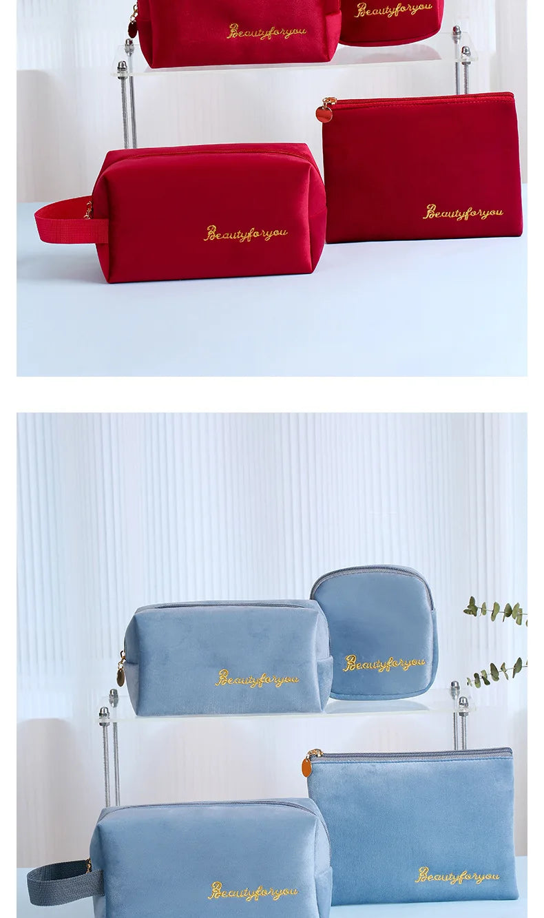 Plush Cosmetic Bag for Women – Large Zipper Makeup & Toiletry Travel Pouch, Solid Color Beauty Bag