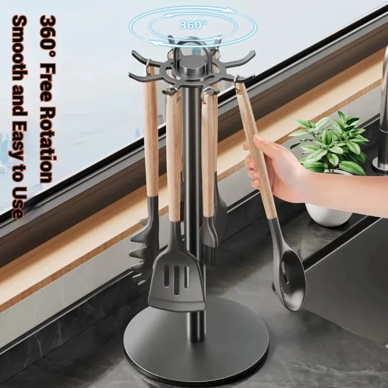 360° Rotating Kitchen Spatula and Utensil Rack - 8-Hook Movable Cooking Tool Storage Organiser for Countertop Space Saving