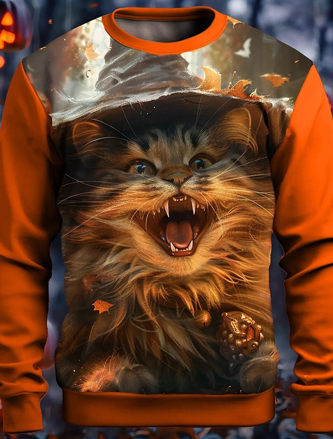 3D Printed Halloween Kitten Pattern 3D Printed Autumn Men's Crew Neck T-Shirt Casual Long Sleeve Oversized Pullover Fashion Tops