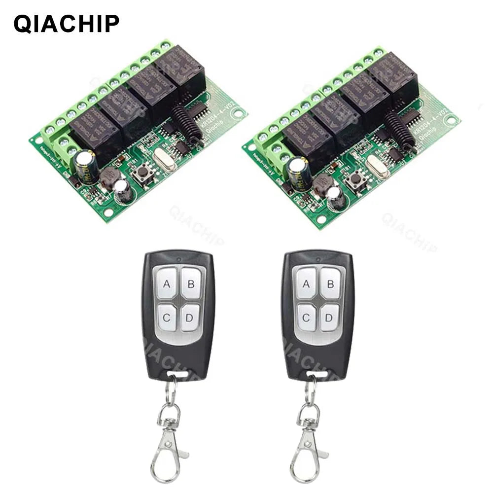 QIACHIP 4CH 433.92MHz Relay Module – DC 5V/12V/24V/48V 10A Wireless Remote Control Switch for EV1527, DC Motor DIY