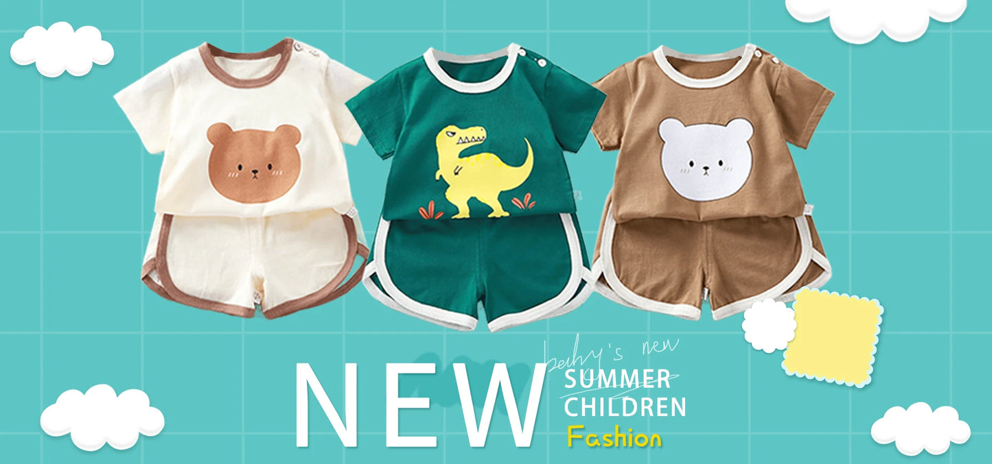 New Summer Children's Top and Bottom Clothes Set Striped Cotton Casual Sports Short Sleeve Two Piece Set for Children 0-5 Years