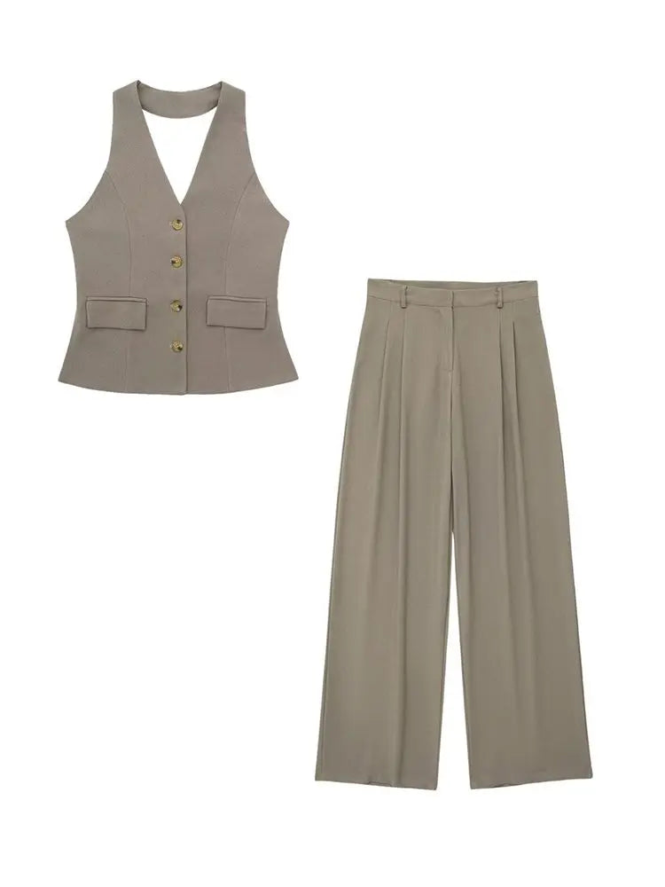 Women's Linen Look Halterneck Vest And Wide Leg Trouser
