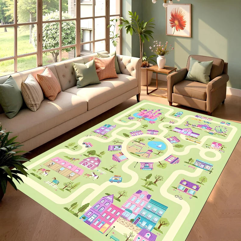 Pink Amusement Park Kids Play Rug, Interactive Town Road Track Carpet, Non-Slip Washable Play Mat for Toddler Bedroom  Carpet