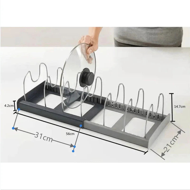 Expandable Kitchen Drawer Organiser for Cookware, Pots, Pans, Lids & Baking Trays – Adjustable Pot Lid Holder Rack