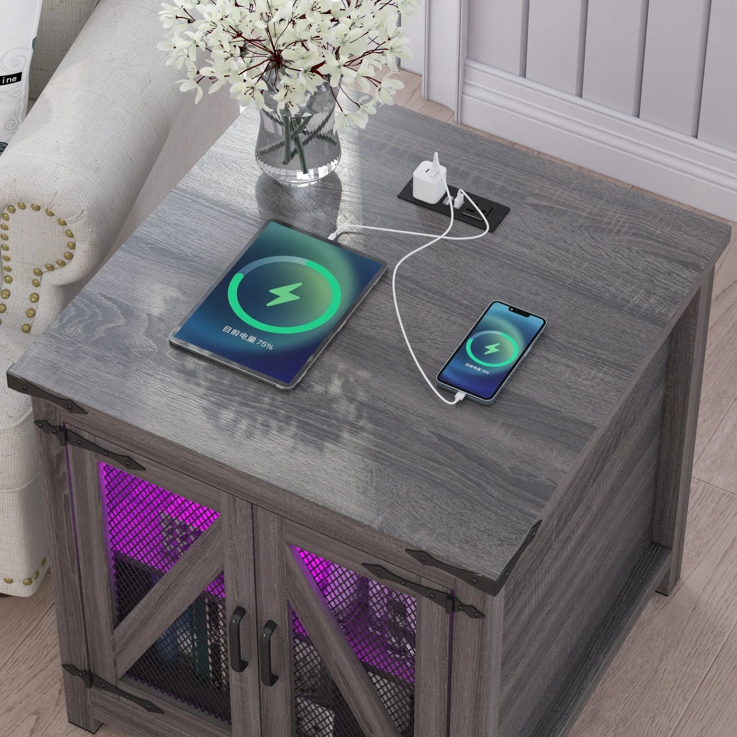 Bedside Table Farmhouse, Side Table Living Room with Charging Station & Adjustable Shelf, Smart Nightstand Organiser for Bedroom Living Room Office Use