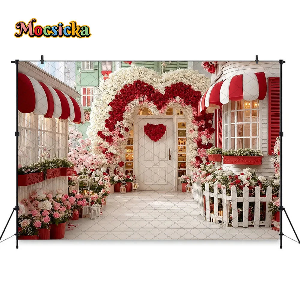 Mocsicka Valentines Day Flower Shop Backdrop Photography Red White Striped Floral Garden Background Kid Photo Shoot Studio Decor