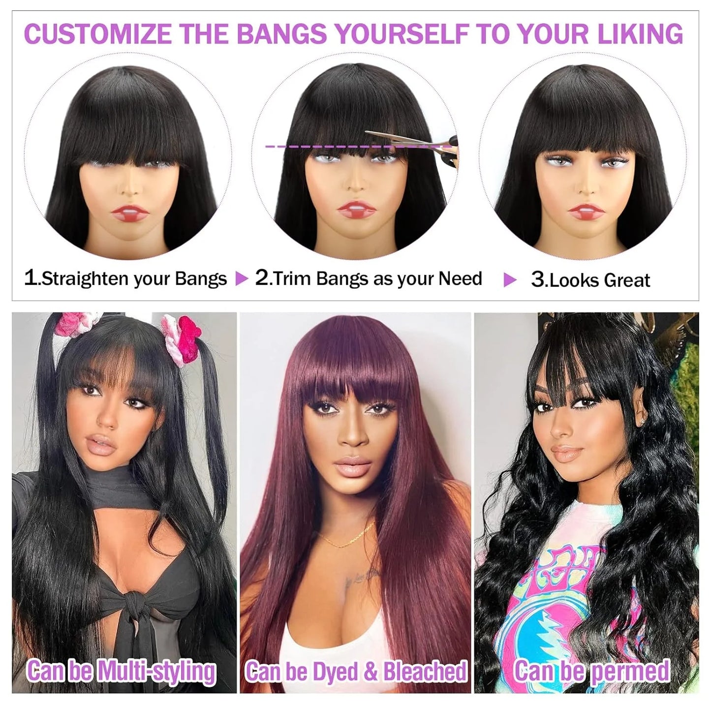 100% Human Hair Wig With Bangs Short Bob Human Hair Wigs For Black Women Cheap Brazilian Straight Black 30 Inch Long Fringe Wig