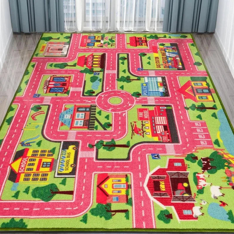 VIKAMA Children'S Educational Play Mat Non-Slip Urban Road Traffic Design Suitable For Offices, Children's Rooms, And Home Decor