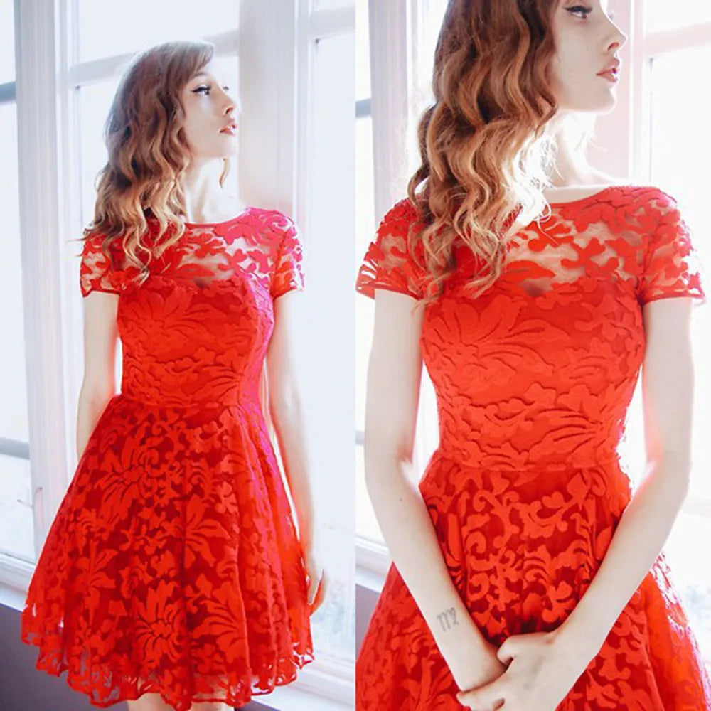 Women Summer Dress See-through Hollow Out Lace Short Sleeves Big Hem Mini Dress Round Neck A-line Prom Dress Women Clothes