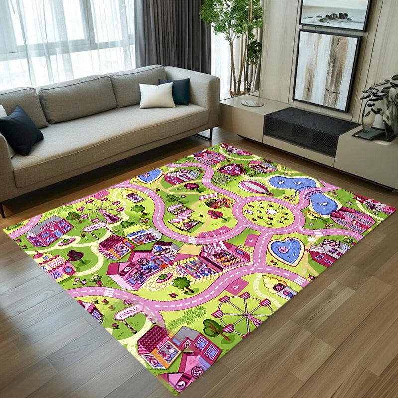 Pink Amusement Park Kids Play Rug, Interactive Town Road Track Carpet, Non-Slip Washable Play Mat for Toddler Bedroom  Carpet