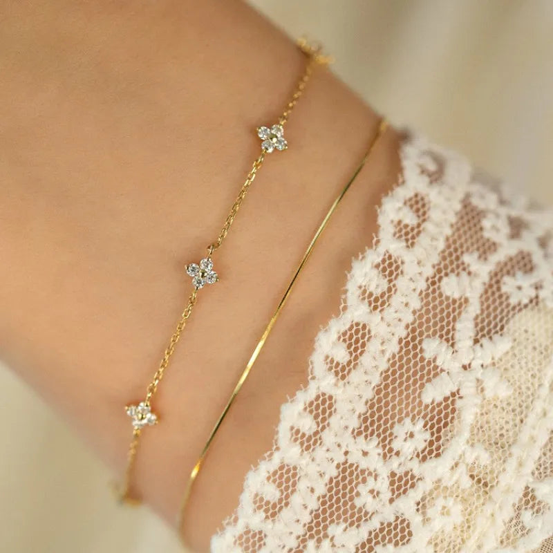 Sterling Silver Plated 18k Gold Zircon Flower Bracelet