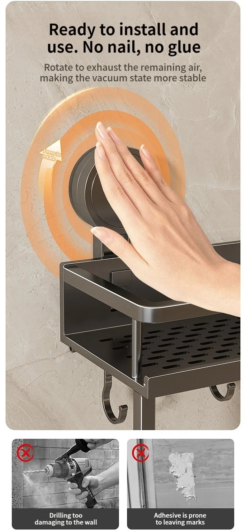 No Drill Suction Cup Suction Bathroom Rack Bathroom Shelf Toilet Space Aluminum Hanging Rack Bathroom Organiser Hang On The Wall