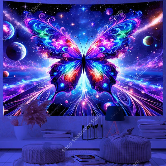 Butterfly Flower UV Reactive Tapestry Wall Hanging Hippie Boho Room Decor