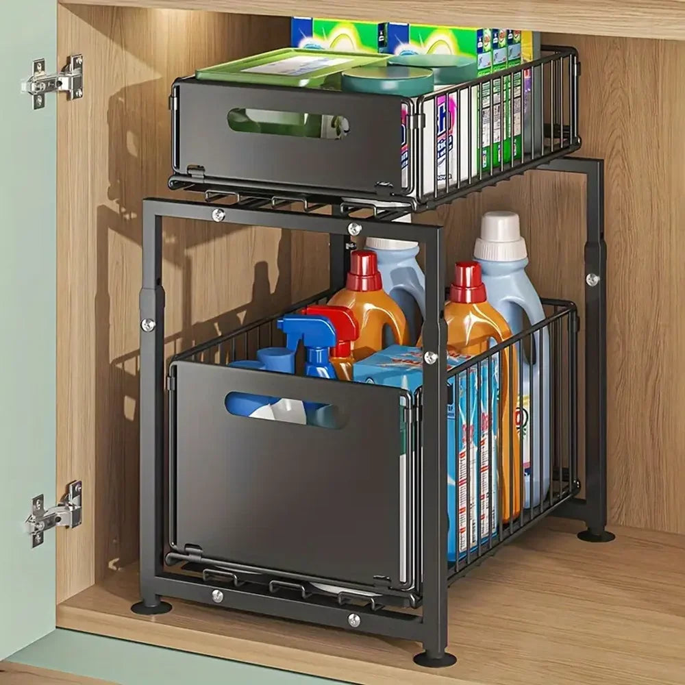 2 Tier Under Sink Storage Organiser Slide-out Cabinet Storage Basket Adjustable Kitchen Storage Rack with Suction cups