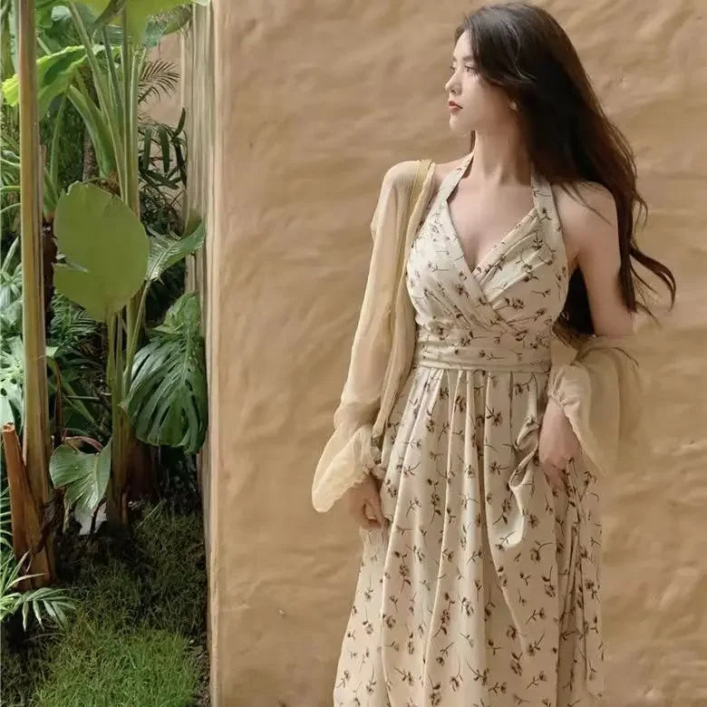 Summer New Gentle Wind Fragmented Flower V-Neck Sling Dress Set Waist Wrap Neck Hanging Long Dress Thin Sun Protection Cardigan