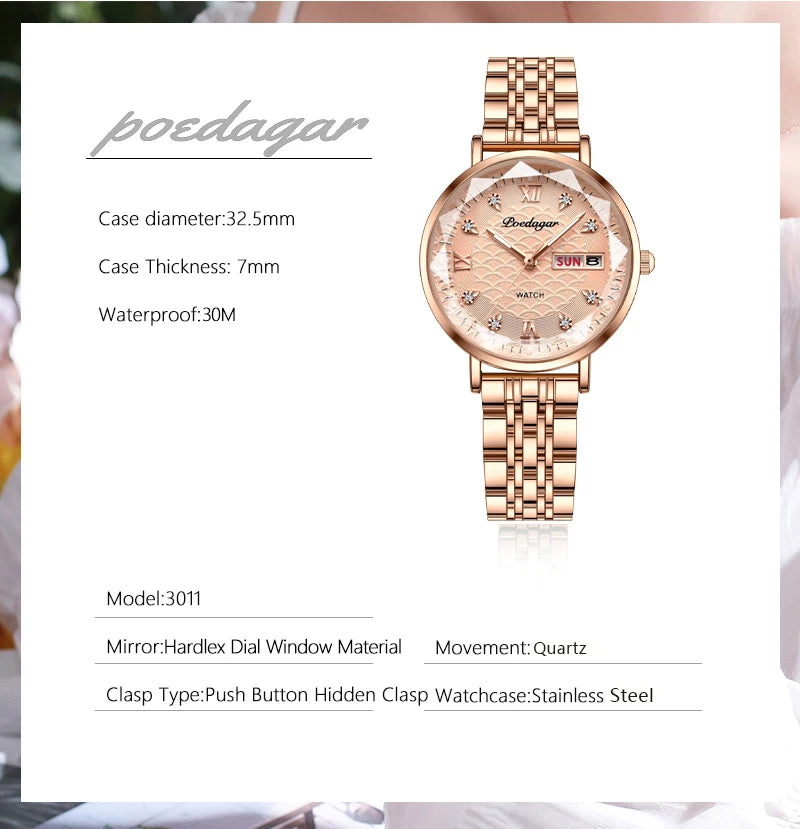 POEDAGAR Women Watch New Fashion Luxury Stainless Steel Wristwatch Bracelet Simple Rose Gold Waterproof Luminous Ladies Watches
