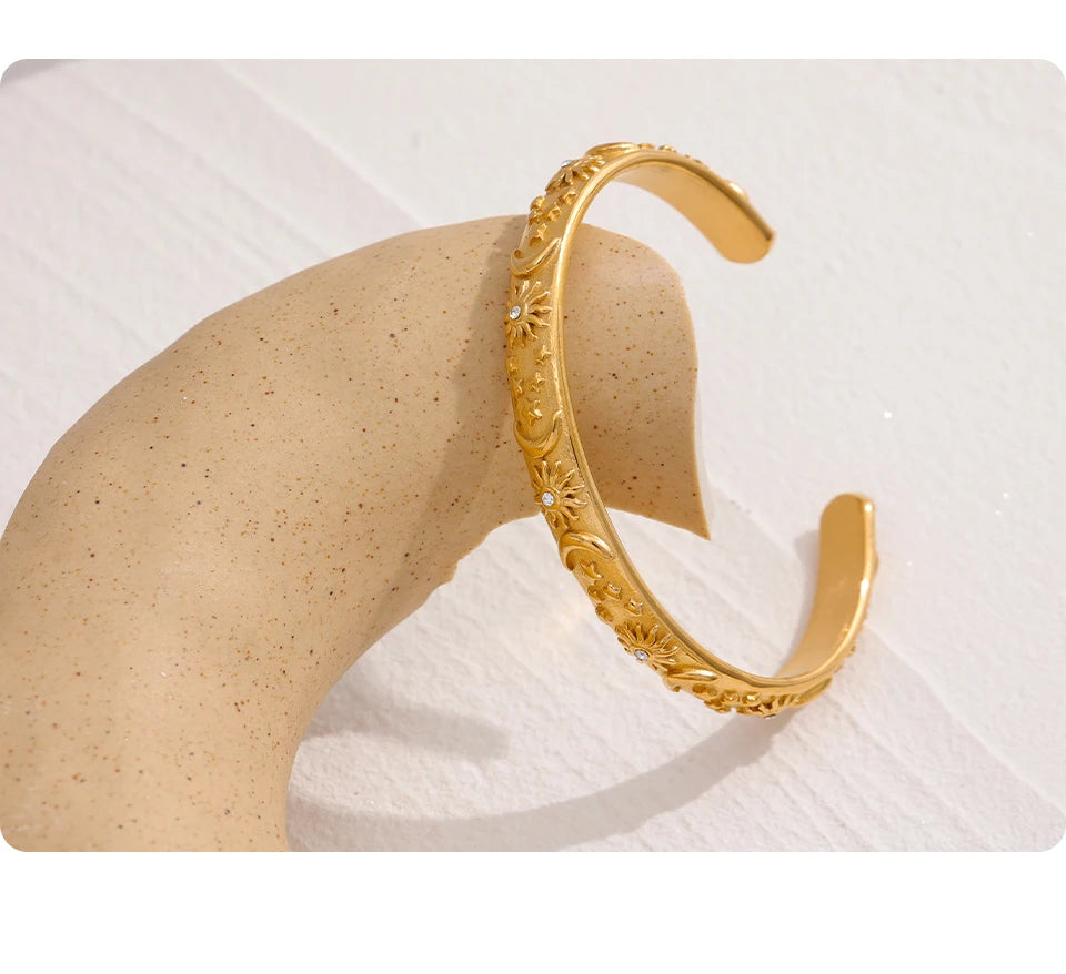 Yhpup Golden Stainless Steel Moon Star Sun Bangle Bracelet  Stylish Metal Open Wrist браслеты на руку женкие Party Gift