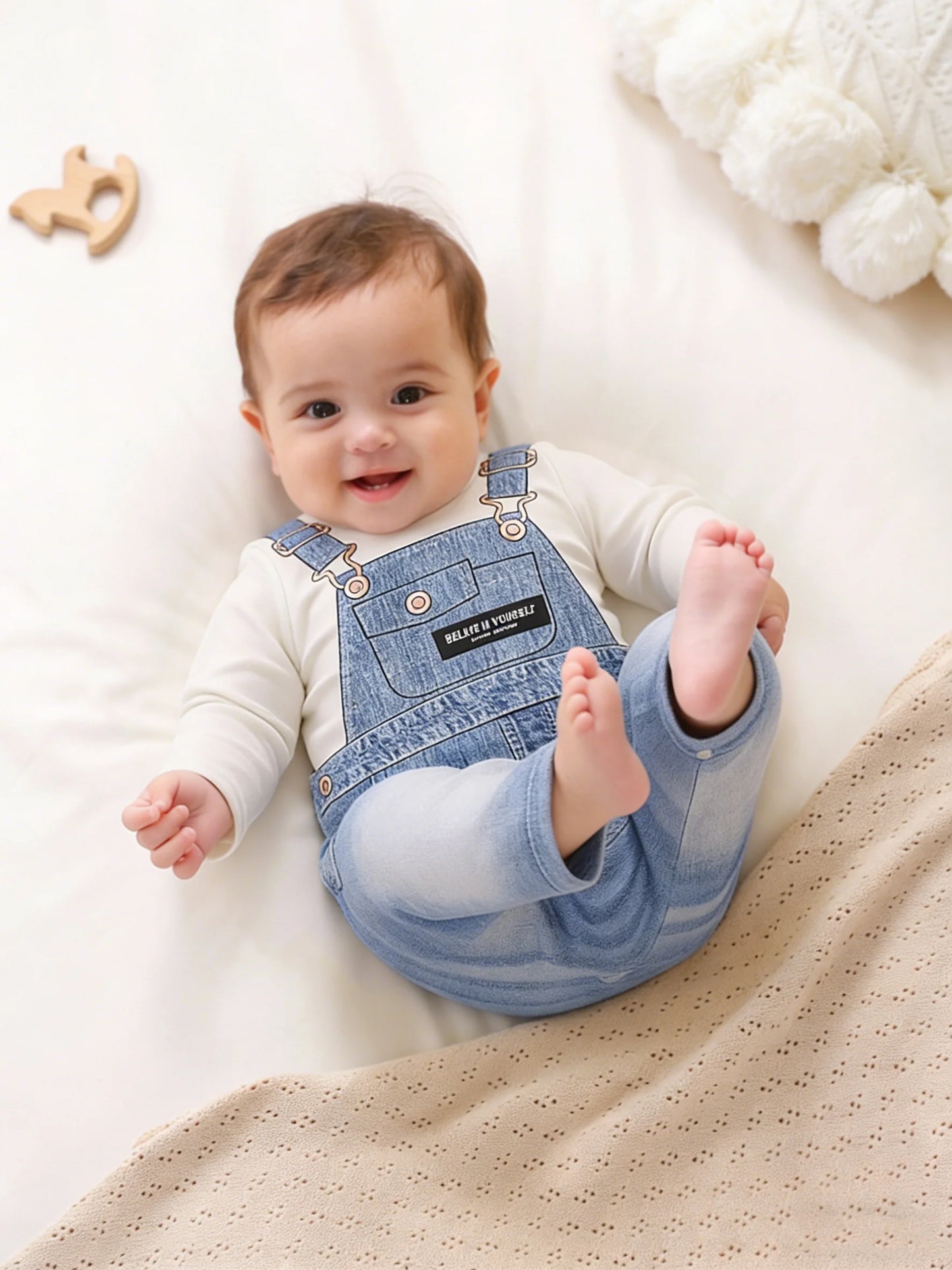 Spring Autumn Baby Boys 1-6M Faux Denim Overalls Print Long Sleeve Onesie Newborn Casual Daily Romper