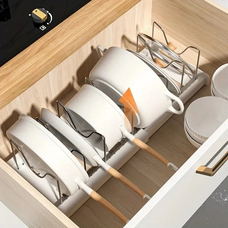 Expandable Kitchen Cabinet Pot Organiser - Adjustable Divider Rack, Multi-Use Storage Solution for Pots, Pans & Lids