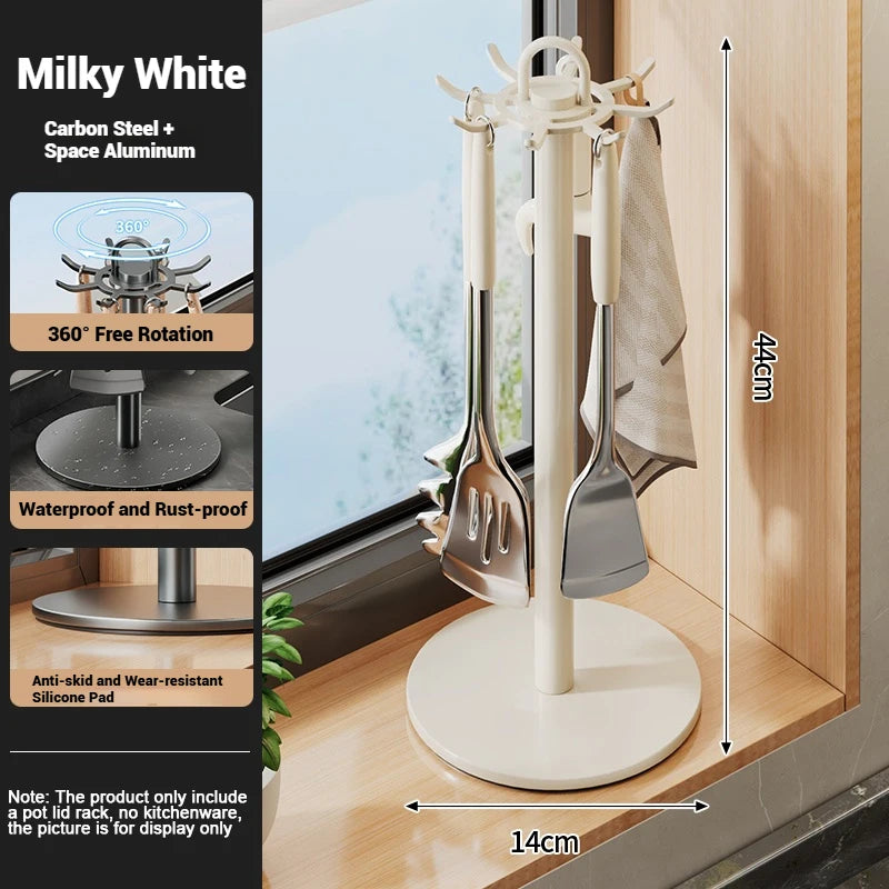 360° Rotating Kitchen Spatula and Utensil Rack - 8-Hook Movable Cooking Tool Storage Organiser for Countertop Space Saving
