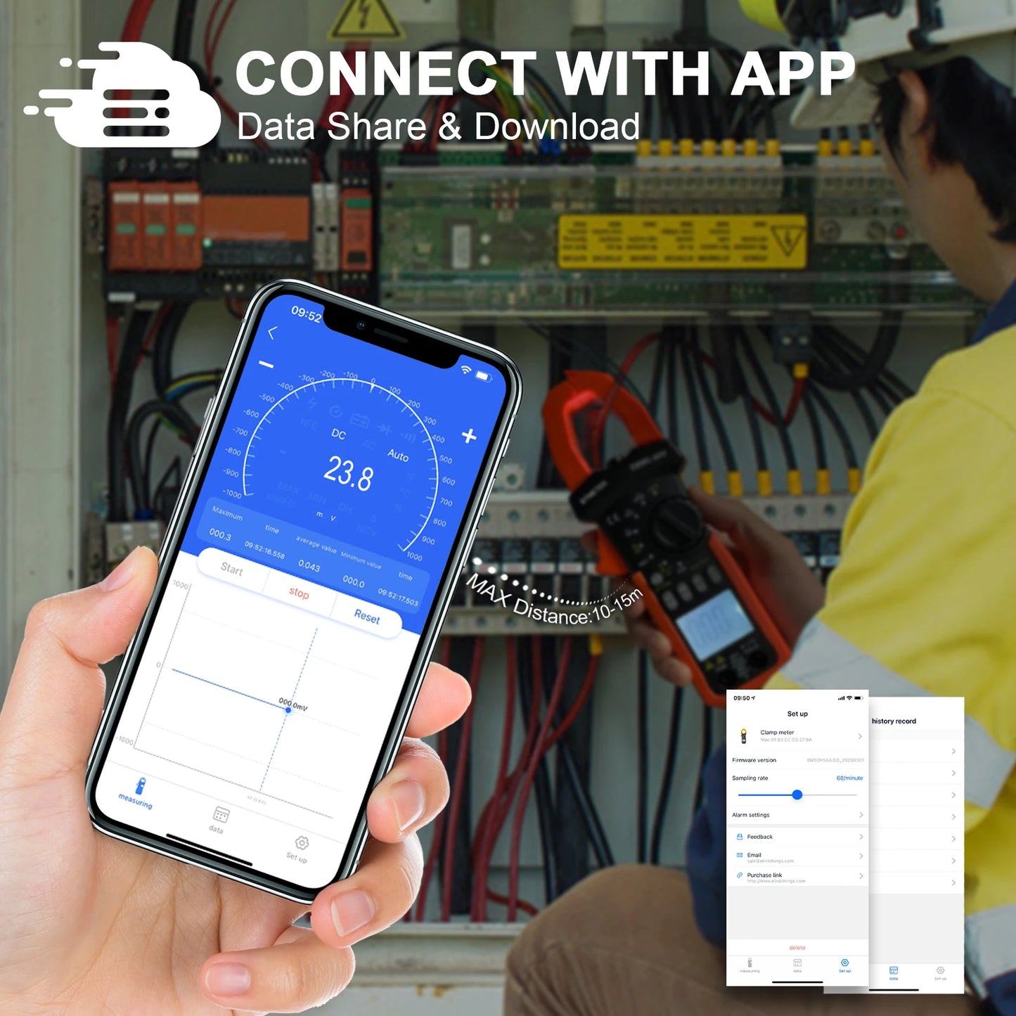 Kethvoz Clamp Meter NCV Multimeter 4000 counts with Smart APP,AC/DC TRUE-RMS LCD Display  Lamp Light Data Hold. KE-7200C-APP