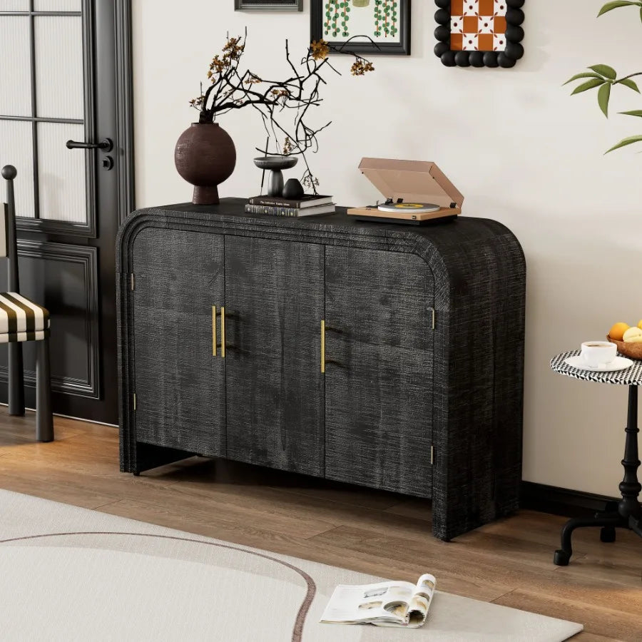 TREXM Retro Minimalist Curved Sideboard with Gold Handles and Adjustable Dividers for Living Room or Dining Room Antique Black