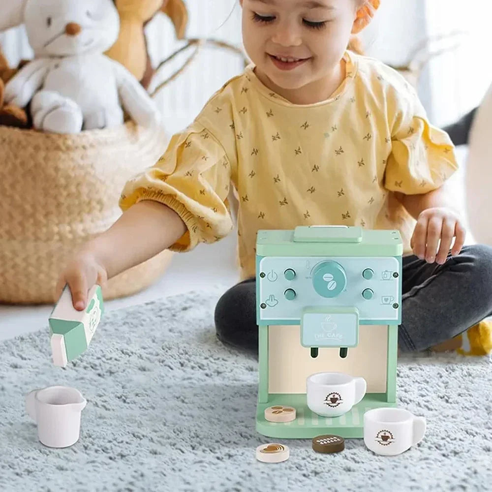 Kids Kitchen Toy Set Wooden Coffee Maker Set Simulation Cookie Maker Kit Pretend Play Educational Toys Gifts for Girls Boys