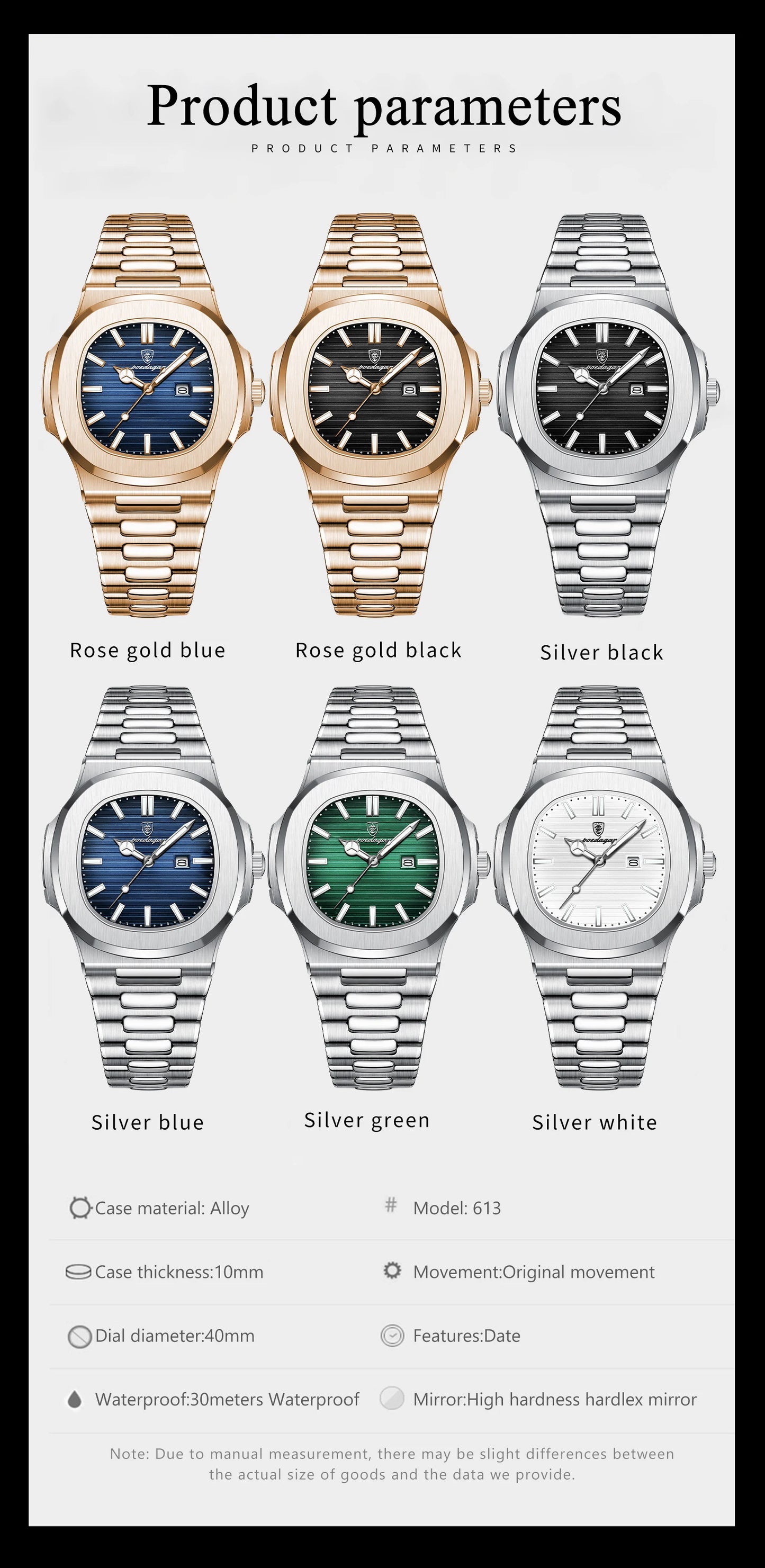 POEDAGAR Fashion Couple Watch Waterproof Luminous Date Stainless Steel Quartz Love Wristwatch Square Watches for Boyfriend Gift