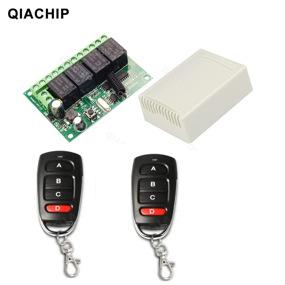 QIACHIP 4CH 433.92MHz Relay Module – DC 5V/12V/24V/48V 10A Wireless Remote Control Switch for EV1527, DC Motor DIY