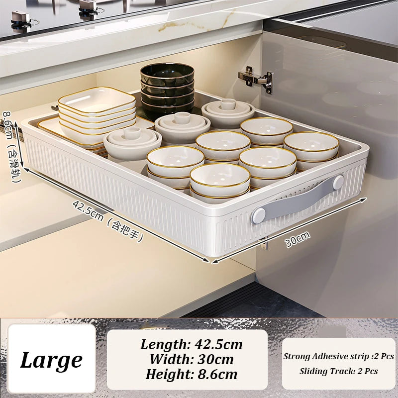 Kitchen Sliding Drawer with Slide Rail Cabinet Clothes Spice Dish Bowl Storage Rack Pull Out Cabinet Organiser Tray With Handle