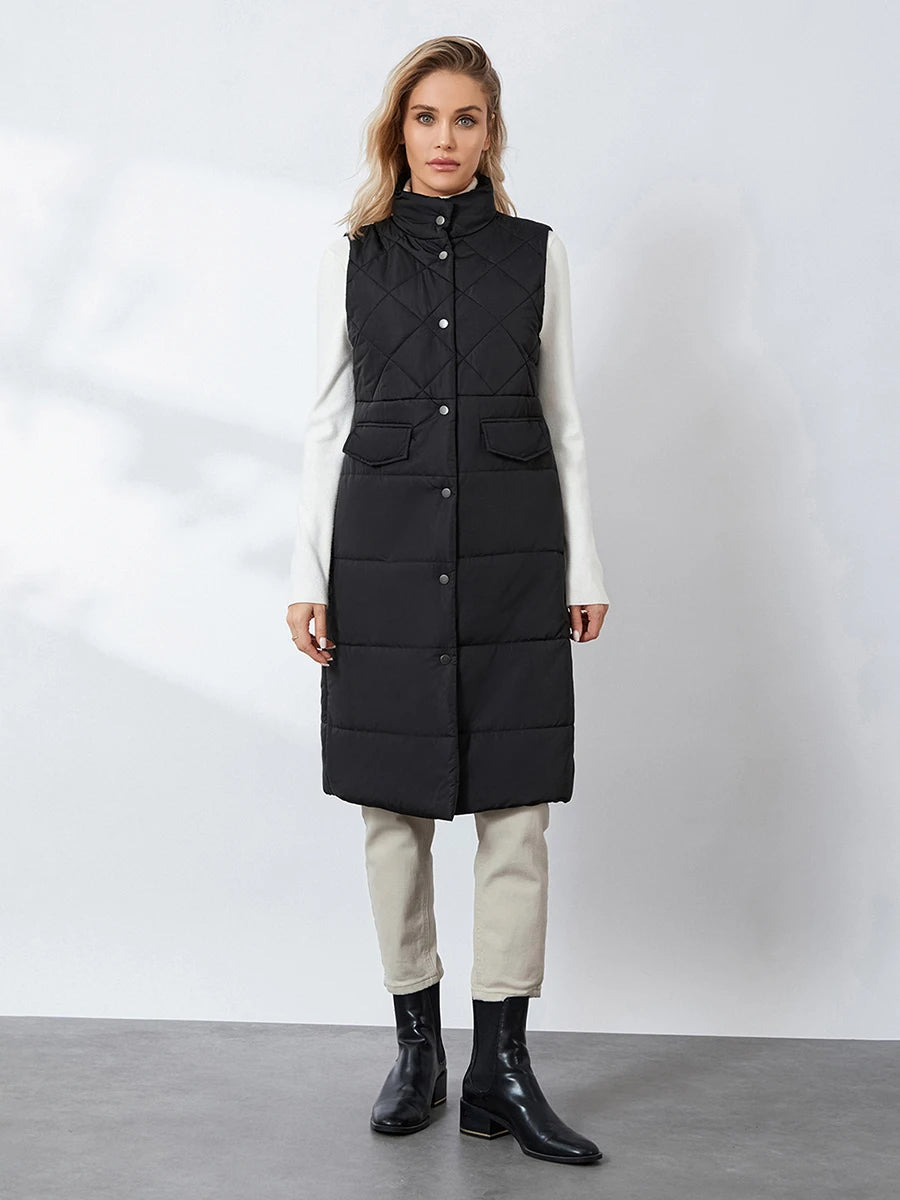 Women Quilted Puffer Vest Solid Color Warm down Jacket Button Cardigan for Winter Outwear Streetwear