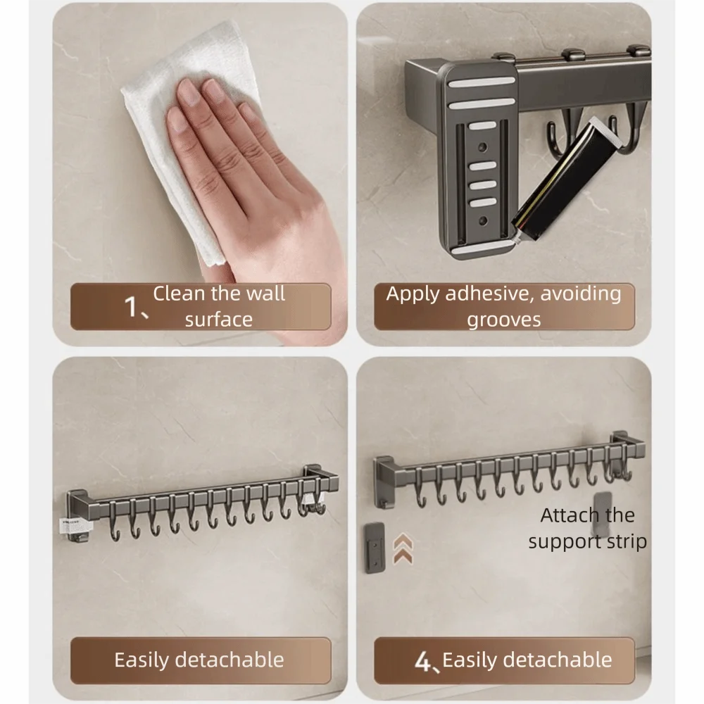 Aluminum Kitchen Organiser Hook Double Pole Wall Mounted Pot Lid Rack Non Punching Movable Hook Spatula Storage Rack Home