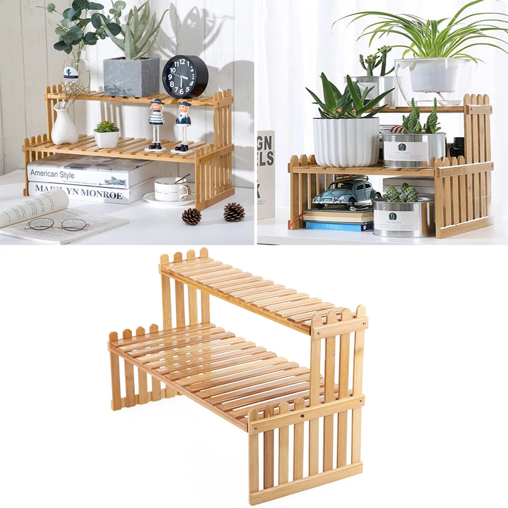 2 Tier Decorative Tabletop Wood Plant Stand Display Shelf For Home Office Tidy Storage Organiser
