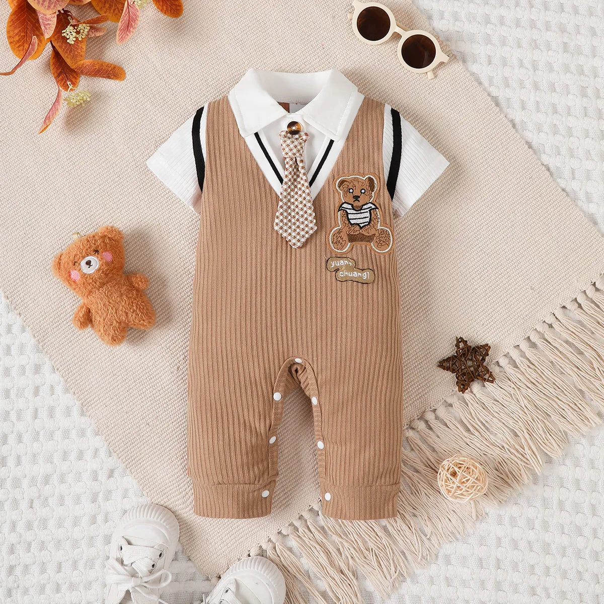 New Gentlemen Romper with Tie Short Sleeved Baby Onesie Summer Daily Wear Jumpsuit Birthday Clothing for Toddler Boy 1-18 Months