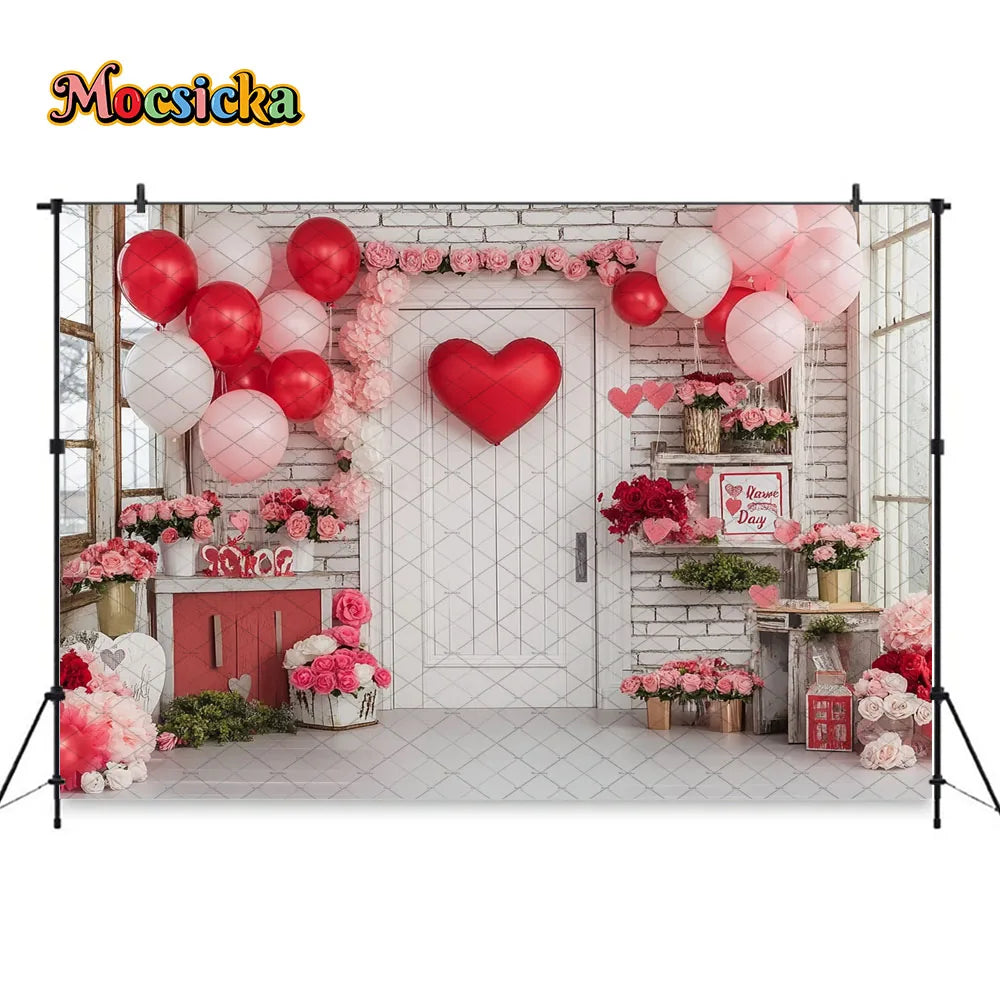 Mocsicka Valentine's Day Shop Backdrop Photography Pink Storefront Heart Balloon Red Rose Background Kids Birthday Photo Studio