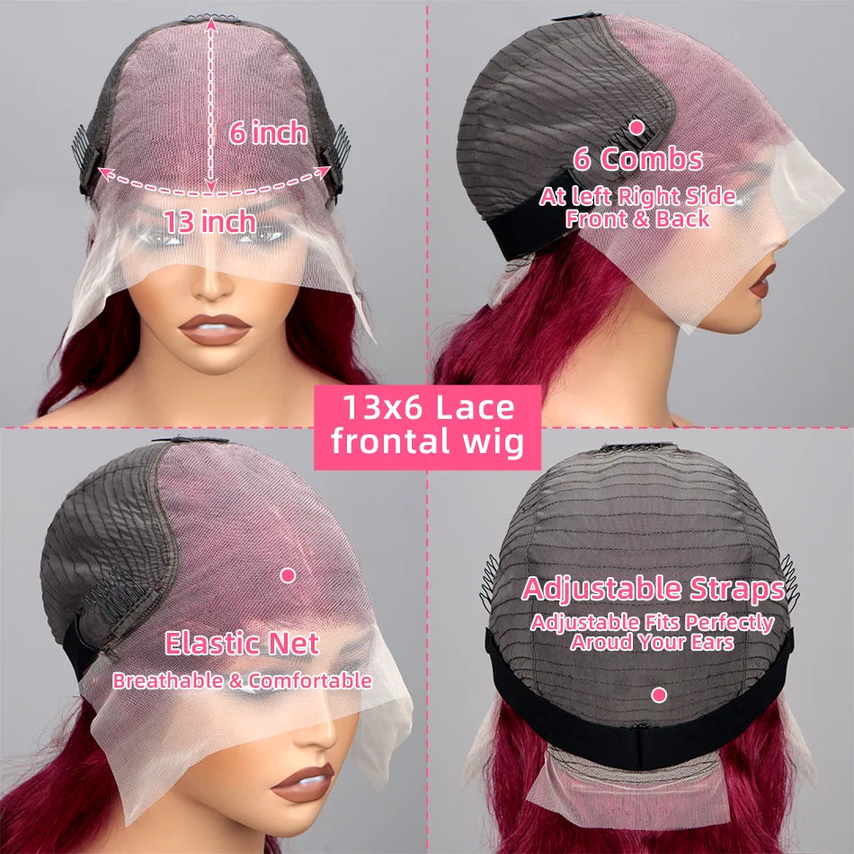 200% Density 99J Burgundy Body Wave 13x6 HD Transparent Lace wigs Frontal Wigs Brazilian Virgin Hair Pre plucked Wigs For Women