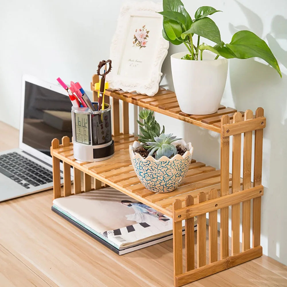 2 Tier Decorative Tabletop Wood Plant Stand Display Shelf For Home Office Tidy Storage Organiser