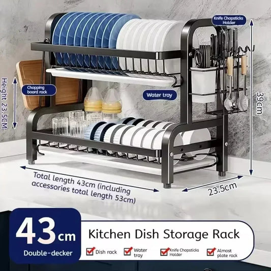 2 Tier Stainless Steel Dish Drainer with Utensil Holder Compact Rust Proof Kitchen Storage Organiser Drying Rack for Dishes