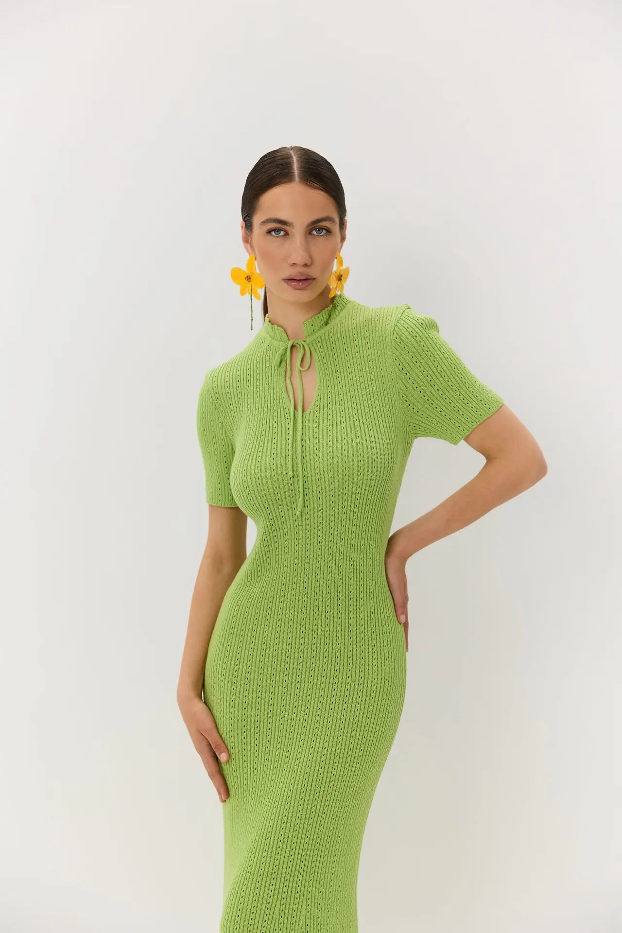 Tossy Women's Knit Lace-Up Dress – Hollow-Out Ribbed Short Sleeve, Patchwork High-Waist Elegant Long Dress