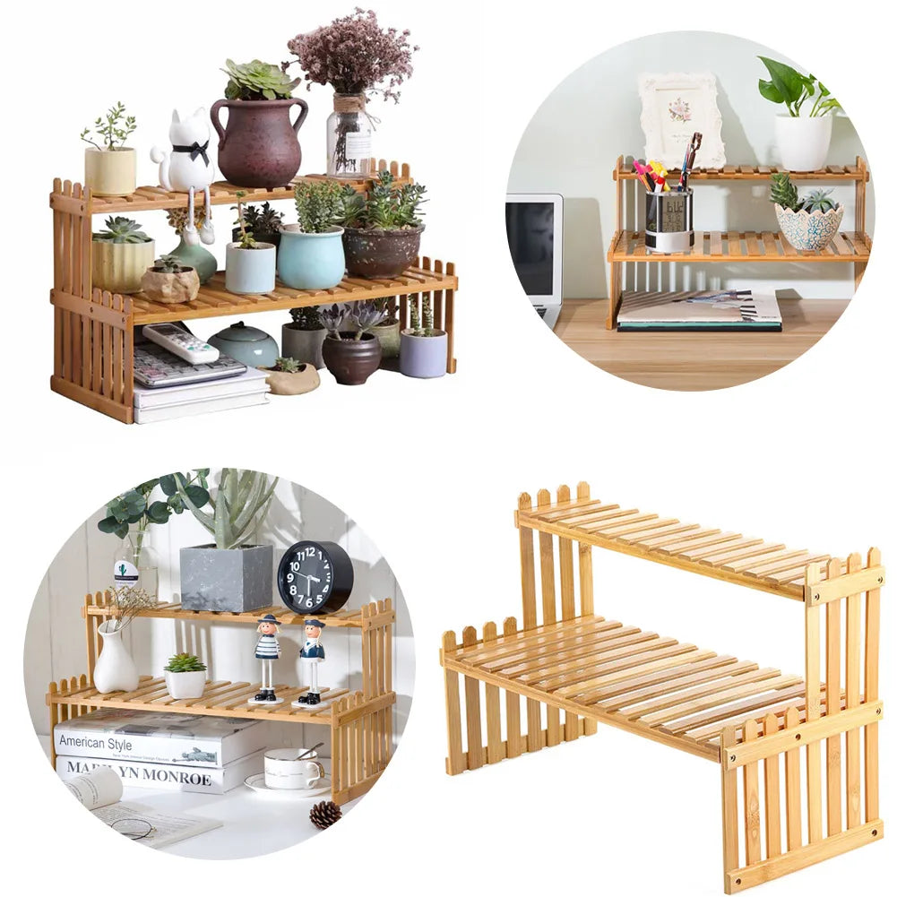 2 Tier Decorative Tabletop Wood Plant Stand Display Shelf For Home Office Tidy Storage Organiser