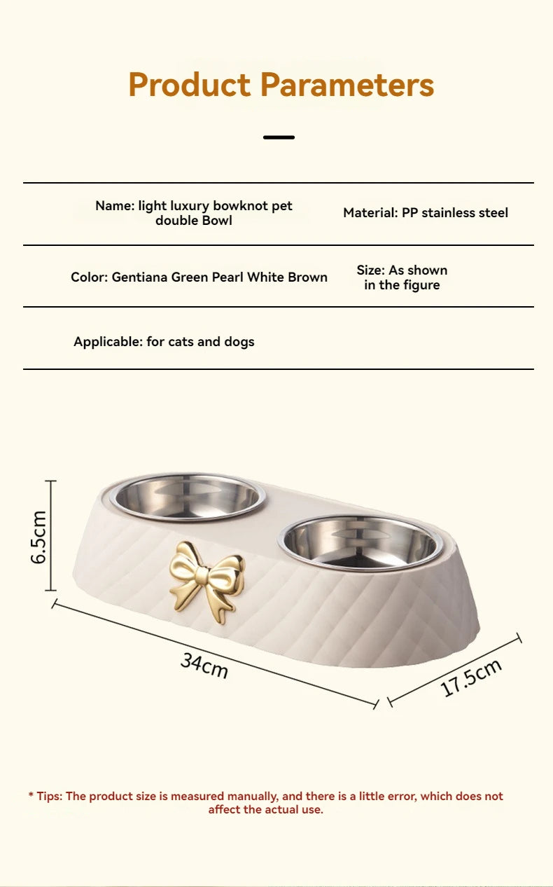 Double Pet Bowl for Cats & Dogs – Bow-Tie Design, Stainless Steel Food & Water Feeder with PP Base