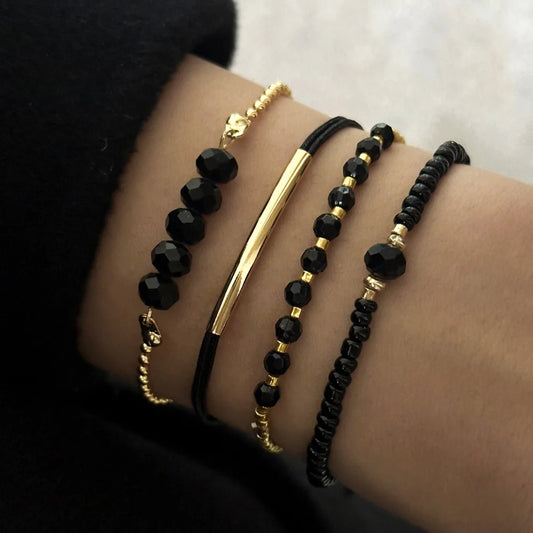 4Pc Set Black Glass Stone Bracelet