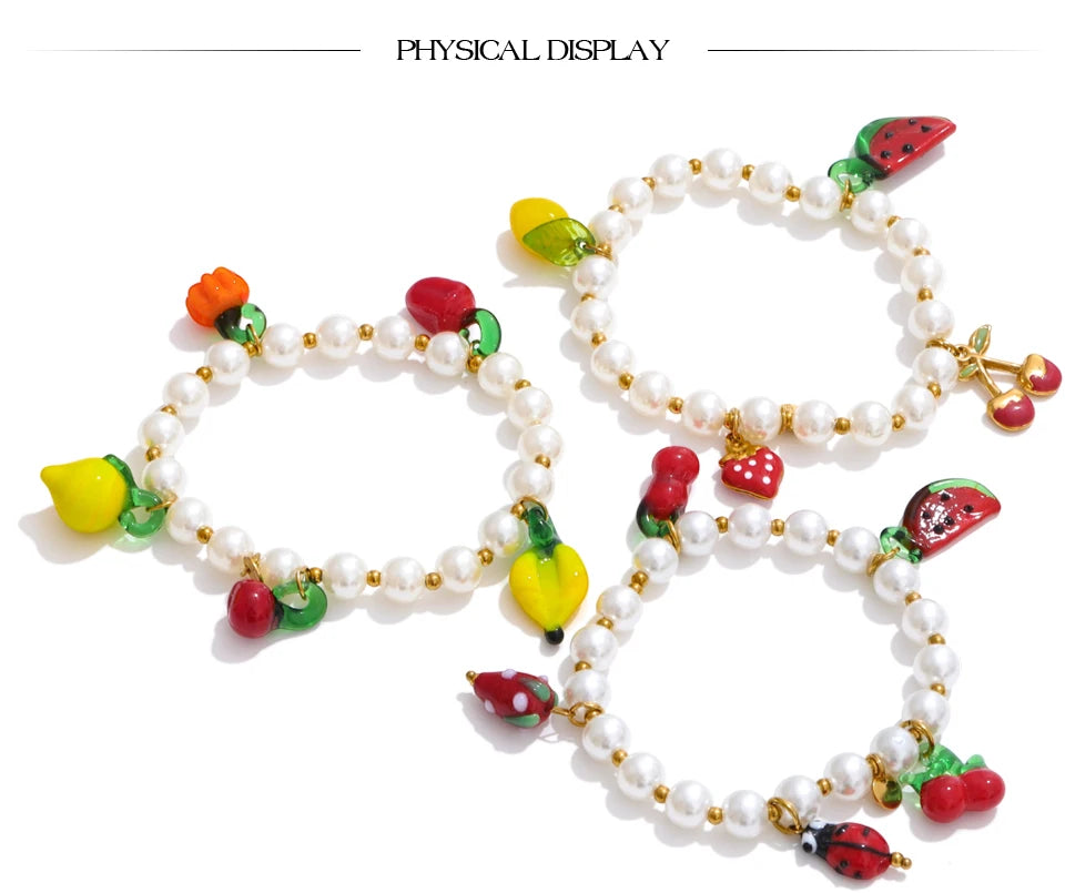Yhpup 5 Style Trendy Handmade Beads Jewelry Simulated Pearls Chain Fruit Drop Bracelet Bangles Stainless Steel Wrist Accessories