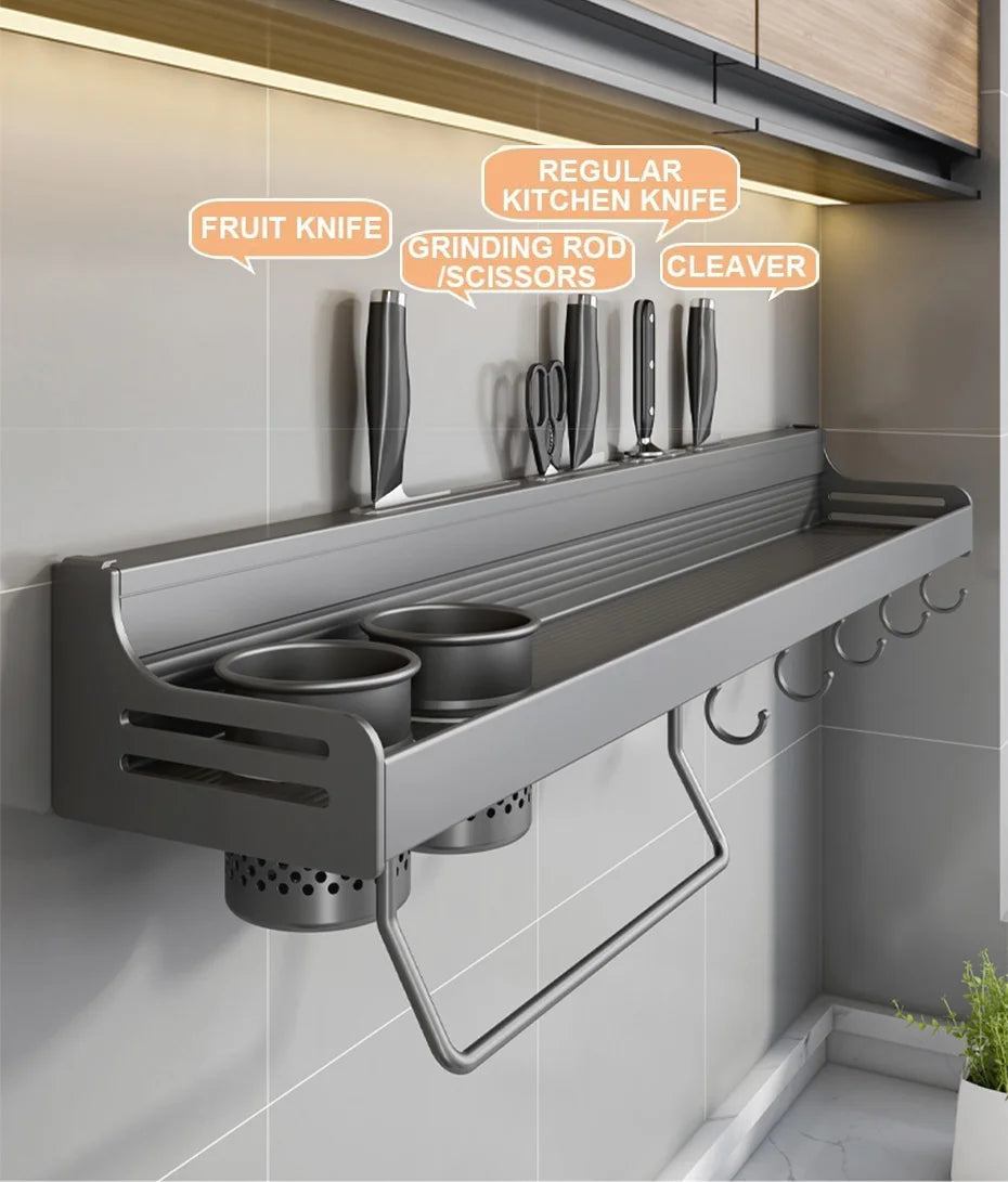 No Drill Kitchen Storage Rack Aluminum Wall Mount Spice Seasoning Spoon Knife Stand Holder Rag Dishcloth Rack Organizer Shelf